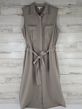 PROLOGUE Sleeveless Shirt Dress Taupe Belted Utility Pockets Button Front LARGE.